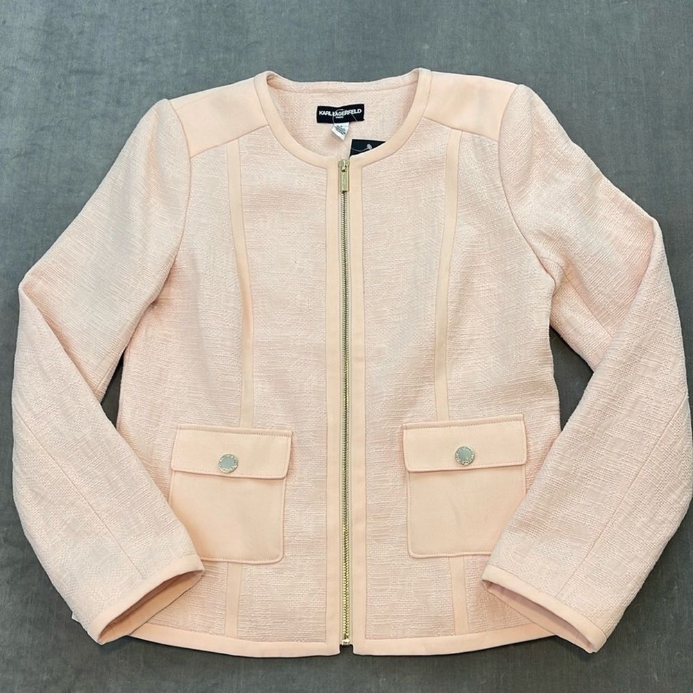 NWT Karl Lagerfeld Paris Women Size 8 Light Pink Tweed‎ Zip Front Blazer Jacket